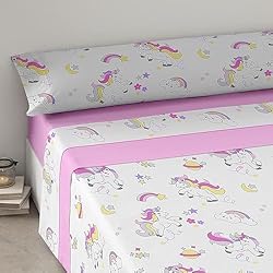 Juego De Cama Infantil TIENDA EURASIA - Sabana Infantil Estampada, 3 Piezas Encimera, Bajera y Funda de Almohada, 90x190cm, 100% Poliéster Microfibra, Todas Las Estaciones, para Dormitorio Infantil (Unicornio 90x190cm)