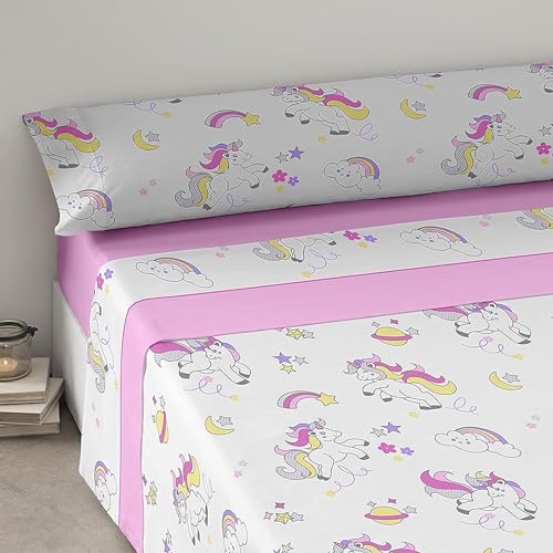 TIENDA EURASIA - Sabana Infantil Estampada, 3 Piezas Encimera, Bajera y Funda de Almohada, 90x190cm, 100% Poliéster Microfibra, Todas Las Estaciones, para Dormitorio Infantil (Unicornio 90x190cm)