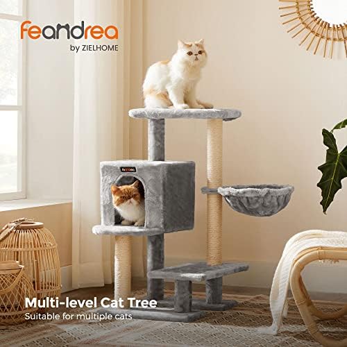 FEANDREA Cat Tree, Small Cat Tower, 33.1-Inch Cat Condo with Basket, Cat Cave, Removable Washable Cover for Top Perch, for Small Spaces