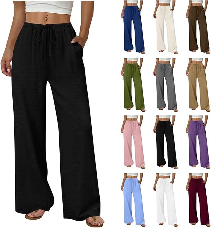 Leinenhose Damen Sommer Lang Palazzo Hose Leicht Einfarbig Sommerhose Musselin Bequem Strandhose Capsule Wardrobe Hosen Kordelzug Baumwolle Leinen Freizeithose mit Taschen Stoffhose Lässig Sporthose