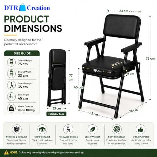 Image of Foldable Cushioned Chair with Armrests | Heavy Duty Metal Frame | Soft Padded Seat & Backrest | Space Saving Folding Chair for Home, Office, Study & Guest Seating | Black