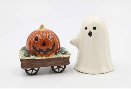 Bonito disfraz de casper de cerámica fina para Halloween con vagón de calabaza, salero y pimentero, 3-14 pulgadas de alto