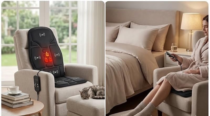 Image of Full Body Vibration Massage Seat Cushion with Heat, 8 Motor Car Seat Massager, Memory Foam Neck & Lumbar Support for Office Chair, Home, Driving, Gaming & Study Use