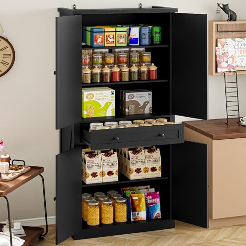 Image of BORNOON Pantry Organizers and Storage Cabinet, 67.7 inch Barn Door White Kitchen Cabinet with Drawers and Adjustable Shelf, Tall Pantry for Kitchen, Dining Room, Living Room