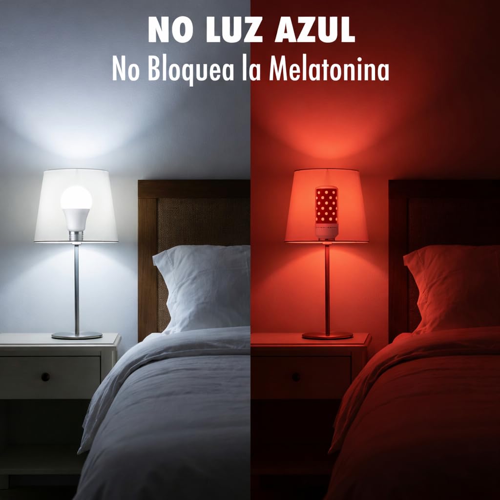 Bombilla Luz Roja Nocturna Melatonina E27 E14 – Pack 2 Bombillas Rojas Sin Luz Azul ni Flicker – Luz Roja Bebé, Lactancia, Descanso y Sueño Profundo