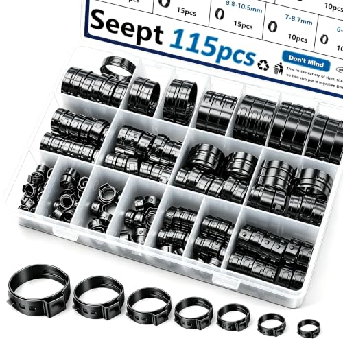 115Pcs 304 Stainless Steel Black Single Ear Hose Clamps 6-28.6mm Crimp Hose Clamps Assortment Kit for Auto/Home Appliance/Pipe/Fuel Line Stepless hose clamp