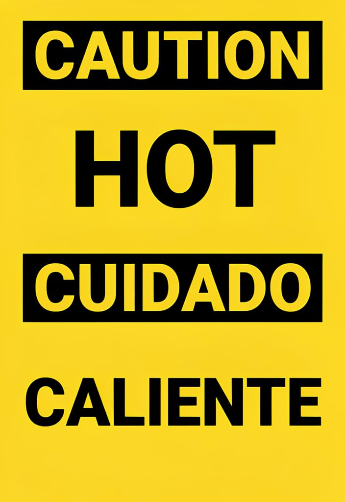 peiyeety Caution Hot Metal Tin Sign 12x8 Inch, Bilingual English Spanish CUIDADO CALIENTE Safety Warning Plaque, Yellow & Black Industrial Decor for Kitchen, Garage, Workshop, Restaurant