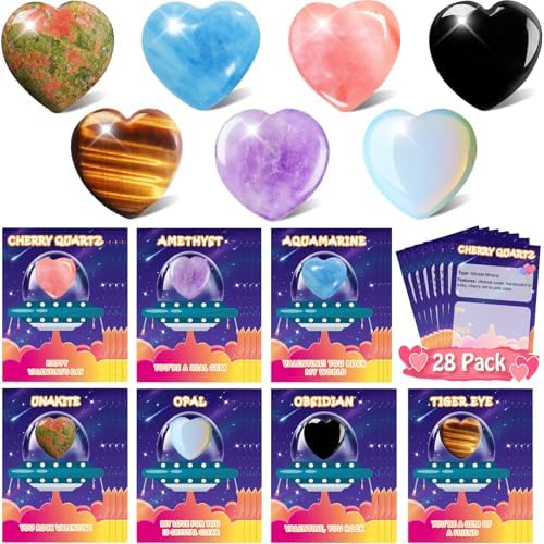 Valentines Day Gifts for Kids Classroom, 28 Pack Valentines Cards Goodie Bags with Heart Stones, Valentine Exchange Gifts Party Favors Crystal Gemstone Rocks for Girls Boys Classroom Prizes