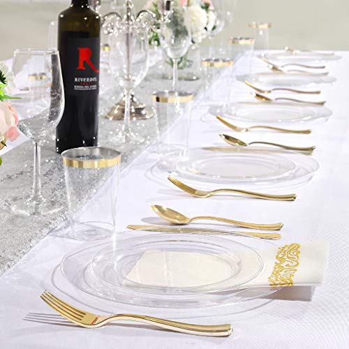 Bucla 200Pcs Clear Plastic Plates And Gold Plastic Forks-7.5Inch Disposable Salad/Dessert Plates- Premium Hard Plastic Appetizer Plates For Weddings& Parties #TOP5