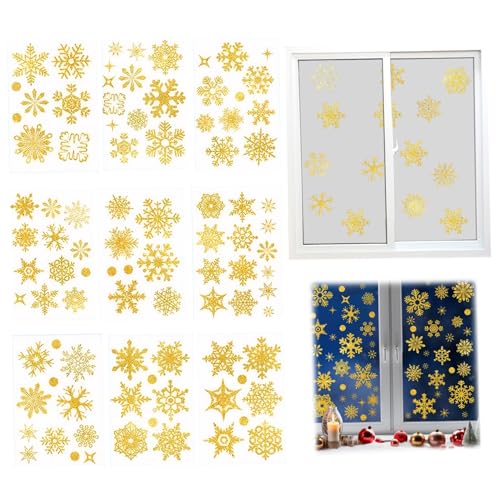 Copo de nieve para ventana, 9 hojas, pegatinas estáticas doradas brillantes para ventana, decoración de invierno, hogar, fiesta, vacaciones, calcomanías