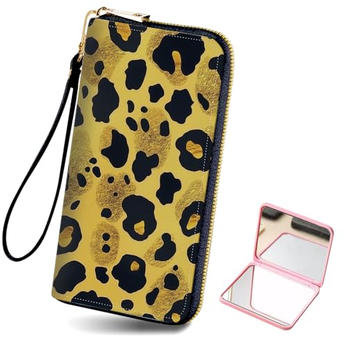 Women's Card Holder Wristlet Wallet, Convenient Travel Long Wallet with Strap and Pink Compact Mirror, Fashion and Sturdy Wristlet Long Purse for Women, Yellow Leopard Print