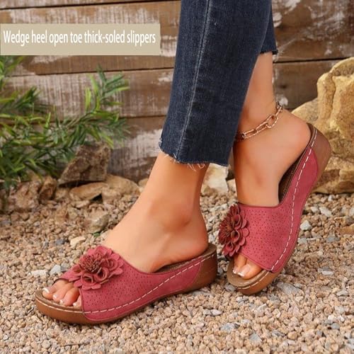 Comfortable Non-Slip Solid Color Open-Toe Wedge Sandals for Women Lightweight Casual Flowers Thick Sole Orthopedic Arch Support Summer Beach Sandals3