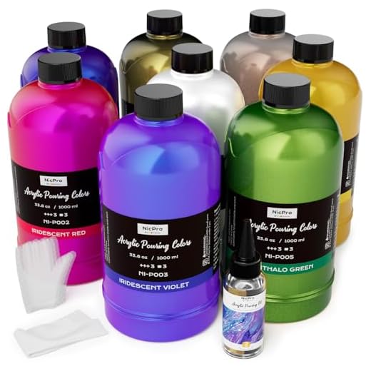 Nicpro 8 Colors 33.8 oz Large Bulk Iridescent Acrylic Pouring Paint Supplies Kit, Premixed High Flow Art Pour Paint with Silicone Pour Oil, Gloves, Tablecloths for Beginner DIY, Ready to Pour