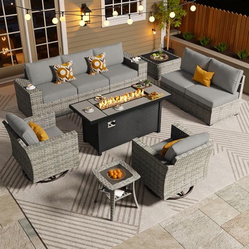 ovios 10 Pieces Patio Furniture Set, Outdoor Wicker Sectional Sofa with 54' Fire Pit Table Swivel Chairs, Modern Modular Deep Seat Rattan Couch Conversation Sets, Dark Grey