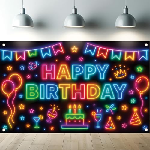 Fondo de cumpleaños neón colorido 71x43 pulgadas miniatura 1