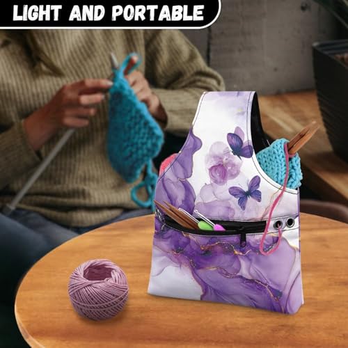 Image of KUIFORTI Butterfly Yarn Bag Purple Marble Knitting Crochet Tote Bag, Yarn Storage Bags Organizer, Crochet Accessories Stylish Crochet Bags for Crocheting Project, Small Size