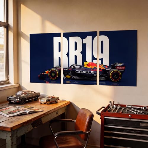 Image of SoulAbiti 3-Piece Split Red Bull Racing Wall Art RB19 Championship Formula 1 Car Large Motorsport Triptych Printed Posters Racing Decor for Game Room & Garage Setup