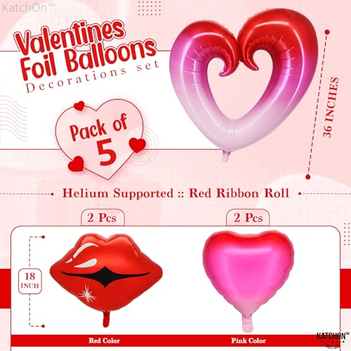Image of KatchOn, Huge Red Lip and Heart Balloons Decorations - 36 Inch, Pack of 5 | Pink and Red Heart Shaped Balloons | Cute Heart, Lips Balloons | Pride Decorations, Pride Month Decorations