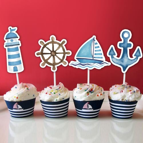 Kreatwow Nautical Cake Decorations and Cupcake Toppers - Sailor Birthday Party Supplies, Ocean Navy Theme Decor for 1st Birthday, Baby Shower, Bachelorette Party
