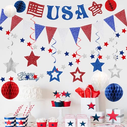Image of 4th of July Decorations,Red White Blue Party Decorationsr,Red White Blue Honeycomb Ball,Star Hanging Swirl,star Garland for Memorial Veterans Labor Presidents Flag Day Home Parties Accessories