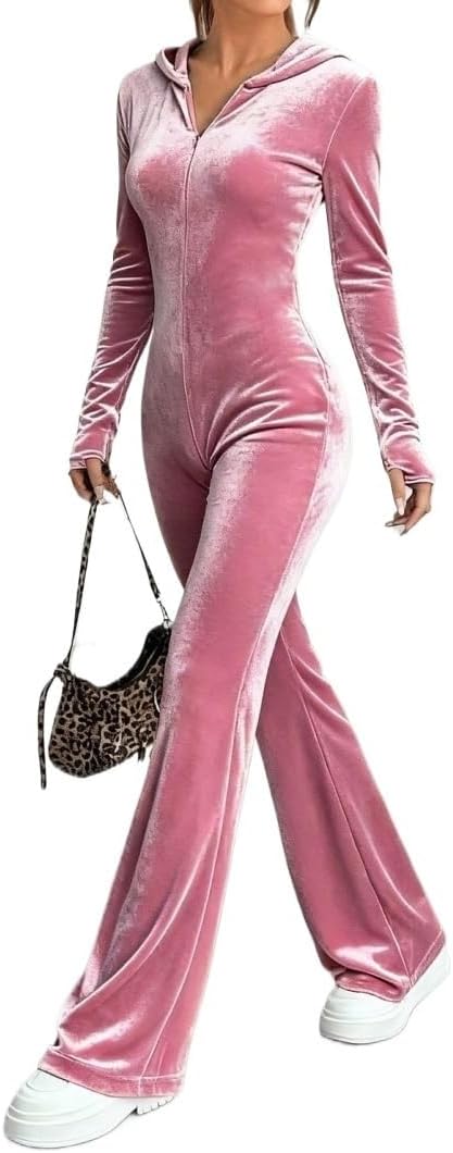 Women's Long Sleeve Hooded Jumpsuit With Zip Front And Flared Pants For Trendy Casual Wear
