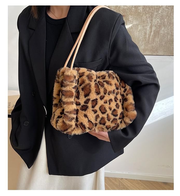 Cartera pequeña para mujer, cartera de invierno con estampado de leopardo, tote Y2K floja con pelo sintético, mini cartera de pelo para mujer miniatura 3