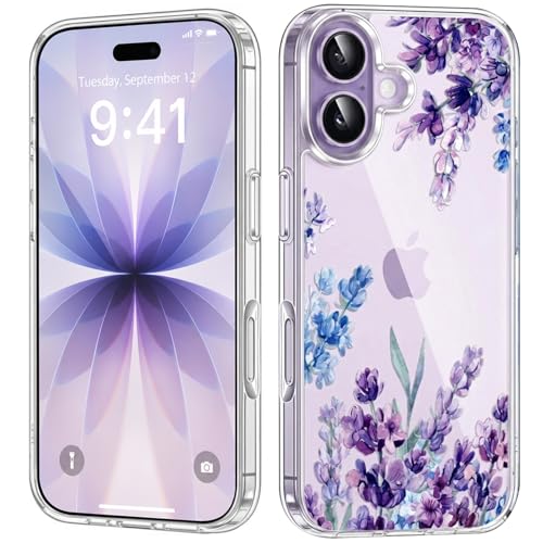 Image of Elzzi Floral Case for iPhone 17, Lavender Flower Clear Phone Case for Women Girls, Cute Aesthetic Purple Botanical Transparent Shockproof Protective Slim Cover (Deep with Leaf)