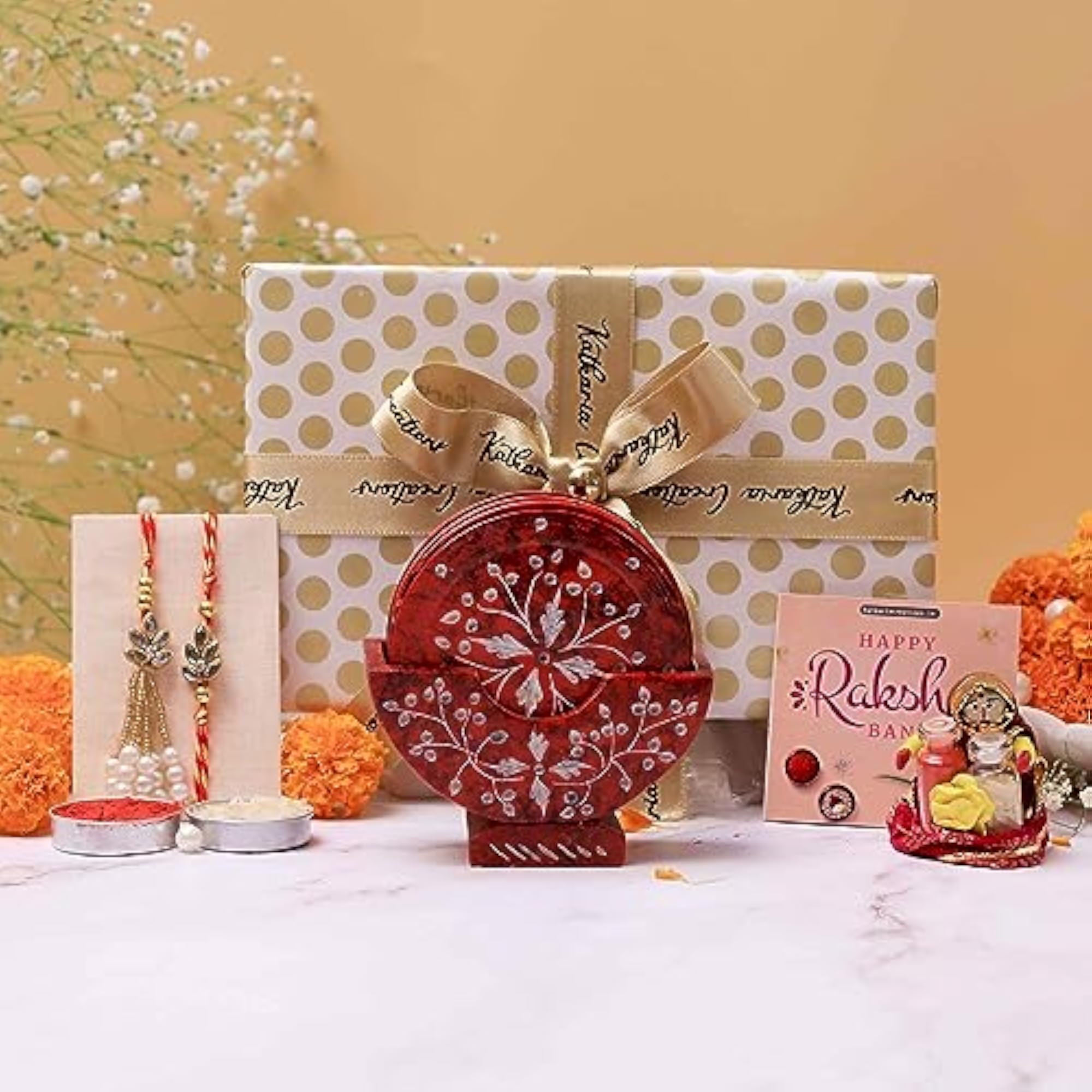 Raksha Bandhan Gift Hamper with Kundan Rakhi and Coasters