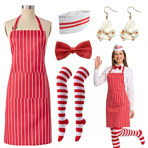 5 Pièces Costumes de Serveur des Années 1950,Ensemble de Costume de Serveur,avec Tablier à Rayures Rouge et Blanc,Chaussettes Hautes,Nœud Papillon Rouge,Toque de Chef et Boucles d'Oreilles Popcorn