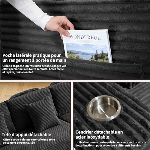 Canapé d’angle velours côtelé L 257 cm, Noir - BonVache