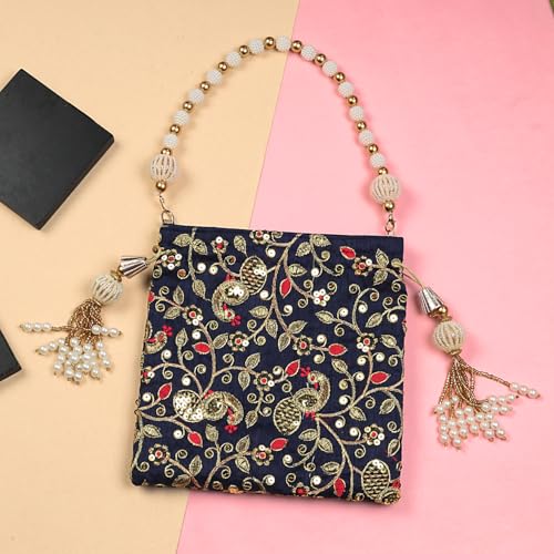 Image of LONGING TO BUY Indian Embroidered Pearl Potli Bag For Women, Sequence Design with Tassel, Wedding Potli Bags