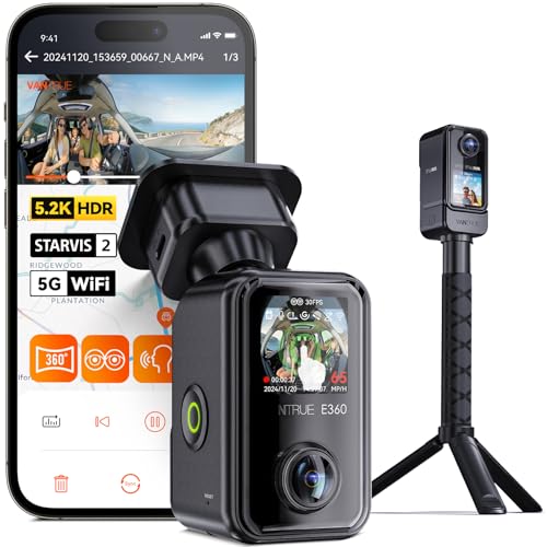 【Bundle: Vantrue E360 5.2K 360° Panoramic Dash Cam + Portable Handheld Mount】5GHz WiFi&GPS, Dual STARVIS 2, HDR,8 IR Night Vision, Voice Control, Touchscreen, 24/7 Buffered Parking Mode, Sup