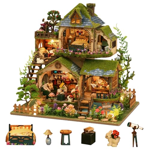 YSWOOD WORLD DIY Miniature House Kit, Mini House Building Kit with LED, DIY Miniature Kit for Adults Teen, Dollhouse Kit for Birthday Father's Day, Forest Adventure