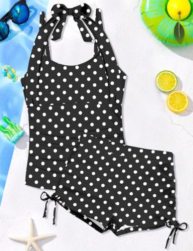 Image of Girls Swimsuit 2 Piece Halterneck Girls Tankini Swimsuit Drawstring Printed Swim Shorts Girl Bathing Suit for 7-18T
