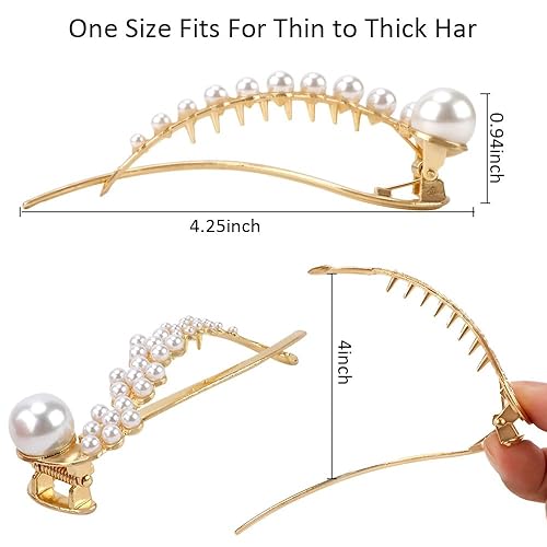 Vista 53 de Ahoney 4 pasadores de perlas para mujer, pinzas francesas 4.2 con perlas elegantes para cabello grueso (plata + dorado)