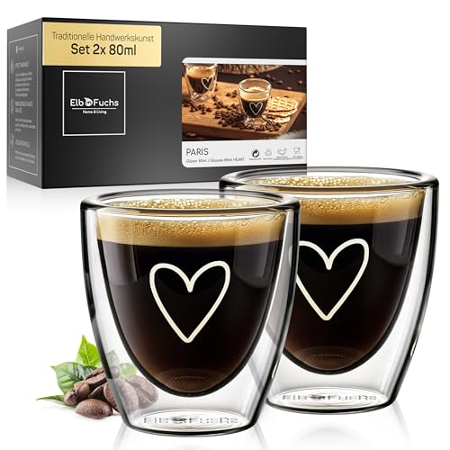 ElbFuchs® Tasse double paroi espresso [2x 80ml] IDÉE CADEAU avec COEUR | Tasse espresso transparente | Verre double paroi | Tasse à café original | Tasses...