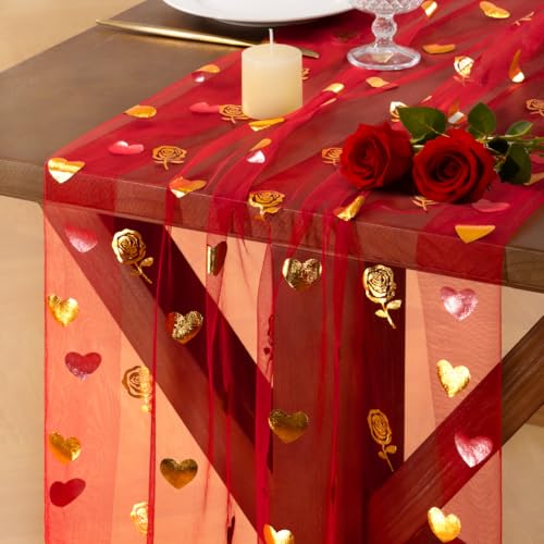 Socomi Valentine's Day Rose & Heart Table Runner Gold Gauze Sheer Romantic Sequin 10FT Glitter Metallic Foil Dining Wedding Birthday Party Baby Shower Holiday Centerpiece Table Decor 3pcs Red