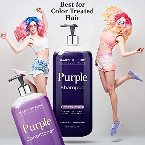 MAJESTIC PURE Purple Shampoo and Conditioner Set - Tones & Brighten Blonde, Platinum, and Silver Hair, Sulfate Free & Paraben Free, 16 fl oz each