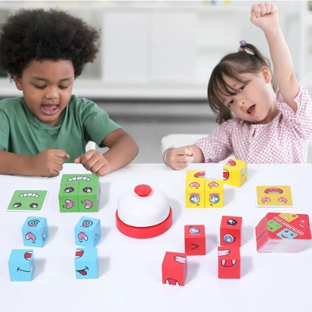 Image of Fun4You-Face Change Emoji Blocks Game for Kids | Wooden Expression Matching Cube Puzzle with Bell & Challenge Cards | Brain Development Educational Toy for Boys & Girls (5-12 Years)
