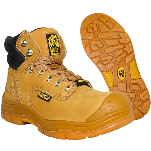 Wolf Work Boot | 100% Genuine Upper Leather | Oil, Heat, Chemical, Impact | Electrical Hazards | Non-Slip Rubber Sole | Tan Nubuck Plain Toe | Padded Collar | Construction | Industrial PPE