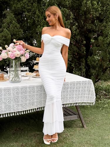 Image of URYIAO Off Shoulder Maxi Dress for Women Ruched Bodycon Formal Wedding Guest Long Dresses L White