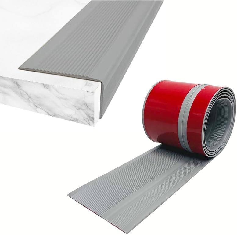 15M Bullnose Stair Anti Slip Nosing Self-Adhesive Vinyl Edging Strip,Non Slip Step Trim,PVC Rubber Angle Stair Edge Trim(76x35mm,Grey)