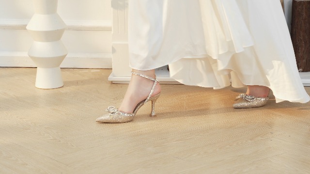 Mysoft Women's Rhinestone Bow Pumps - Pointed Toe Wedding Shoes With Ankle Strap & Kitten Heels - View #7