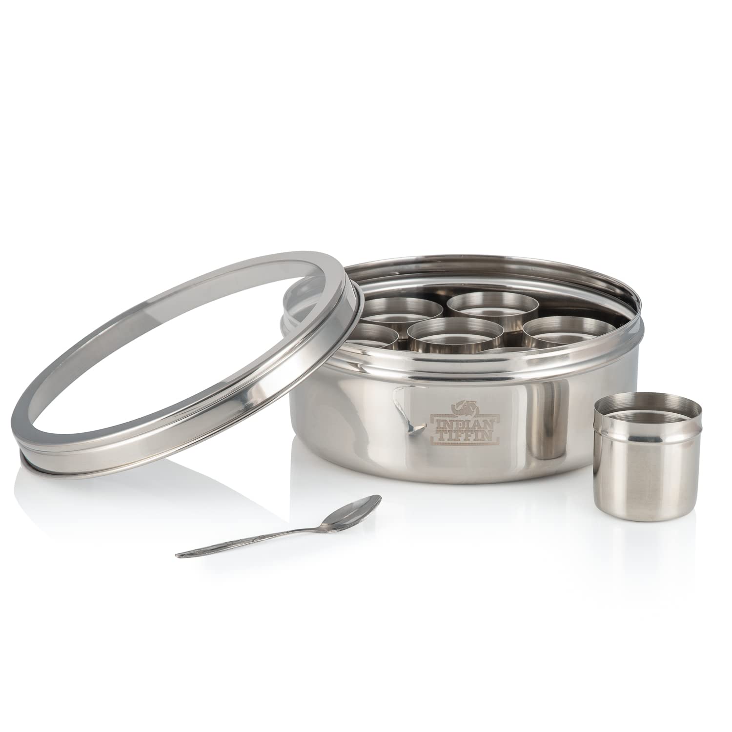 Indian-Tiffin Masala Dabba Contenitore Ermetico per Spezie - con Etichette per Spezie e Cucchiaio (Medio (18cm), coperchio trasparente, nessun coperchio sui vasi interni)