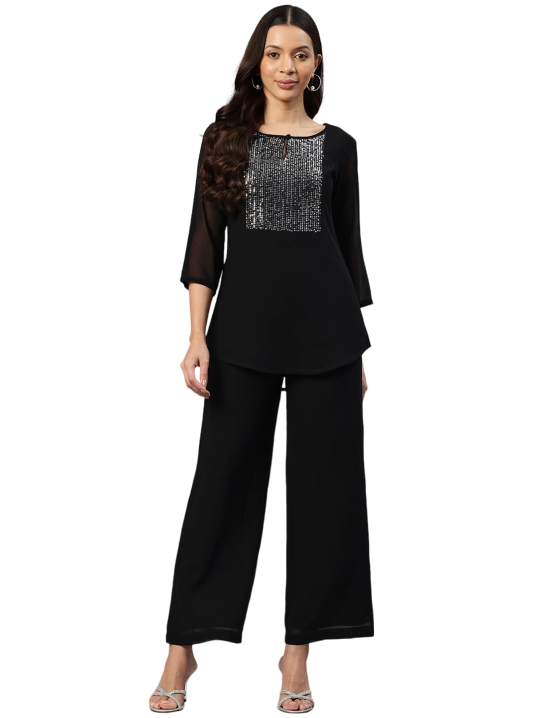 Women Embellished Yoke Design Solid Black Top with Trousers-image-25