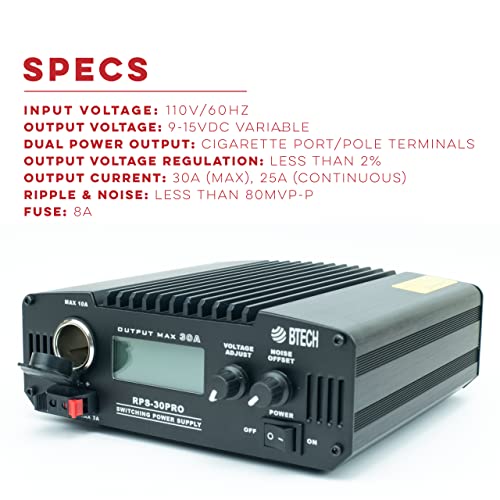 BTECH RPS-30PRO 30 Amp Regulated Universal Compact Bench Power Supply, AC-to-DC Power Convertor, 13.8V (9~15VDC Adjustable) with Noise Offset Adjustment, includes multiple power connections2