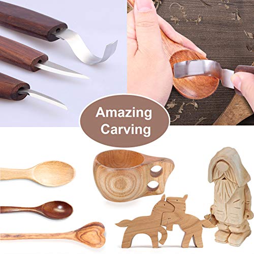 11pcs Wood Carving Tools Kit-K KERNOWO Wood Carving Knife Set with Hook Carving, Chip Wood, Whittling Knife Carved Spoon, Kuksa Cup, and Bowl, Spoon Carving Tools Kit for Beginners Woodworking