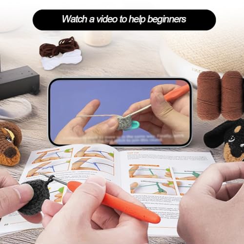 RANJIMA Häkelnadel-Set für Anfänger,Tiere Häckeln Stricken mit Anleitung,Komplettes Häkelset Dackel Hund,Starter Häkeln Tiere Set mit Häkelnadeln,Garn,Füllung,Kreativ Hunde Strickset für Geschenk