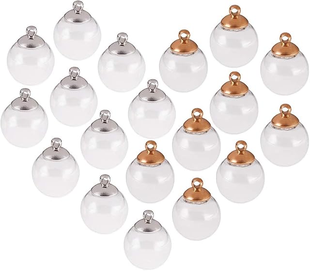 PandaHall Elite 30pcs Clear Round Blown Globe Wish Glass Ball Bottles with Brass Cap Golden/Silver Cap DIY Pendants for DIY Jewellery Making, Ball Diameter 18mm