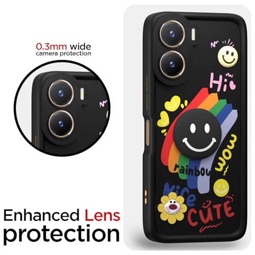 Image of Pikkme Back Cover for Vivo T2X / Y16 / Y56 5G / T2X / Y56 | Soft Silicone| Cute Rainbow Smile & 3D Cartoon Flower Design | Shockproof Raised Camera Protection Bumper Case (Black)
